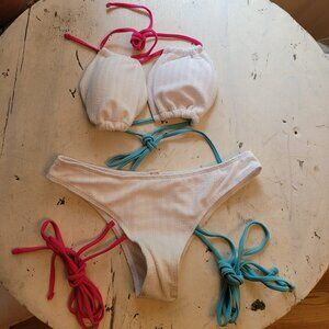 New white bikini with pink and blue tie strings
